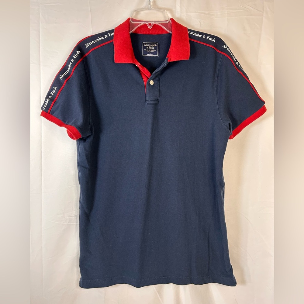Abercrombie & Fitch Men's Polo short sleeve Navy Red shoulder branded Size Large
